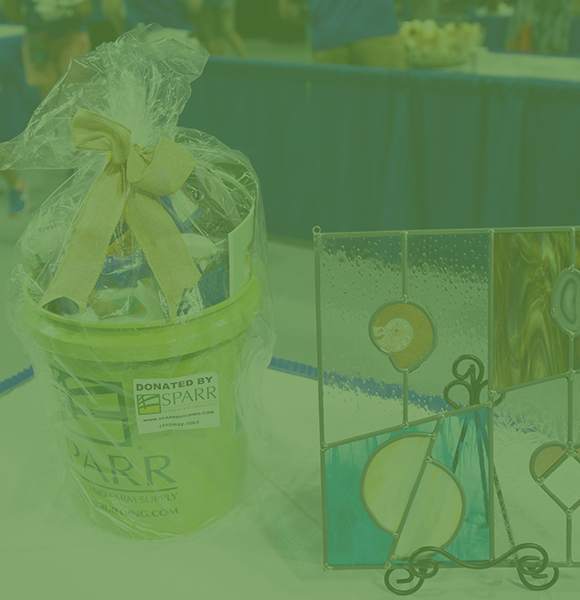 CALS Tailgator Silent auction gift basket sitting on a table next to a piece of stained glass art.