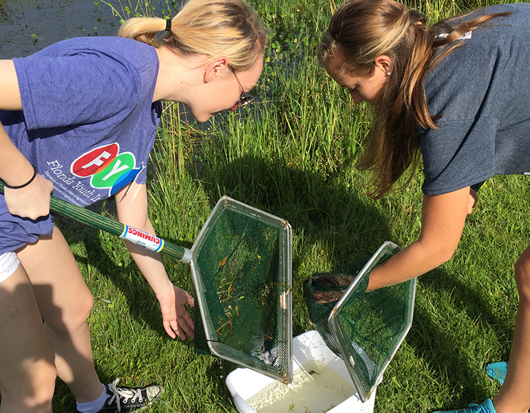 Two female prospective CALS students stand in the grass and remove pond debris they collected in large hand held nets on poles and put the net contents into a white tub. 